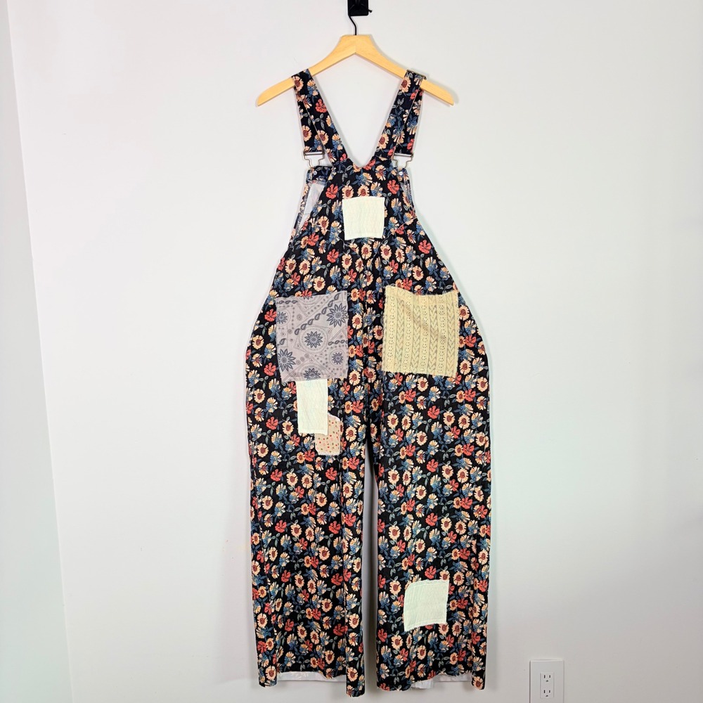 POL Printed Corduroy Patchwork Overalls Mixed Floral Wide Leg Large Boho Hippie - Picture 8 of 13